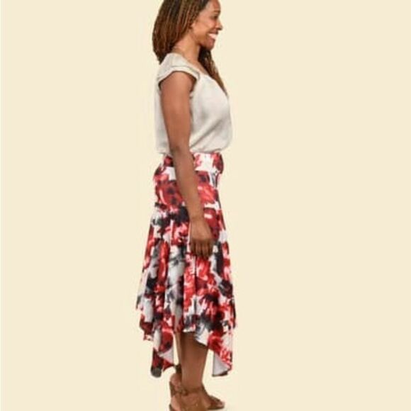Tamsy Red and Neutral Floral Asymmetrical Midi Skirt S1x CLOSET CLEAR OUT SALE! - Picture 4 of 5